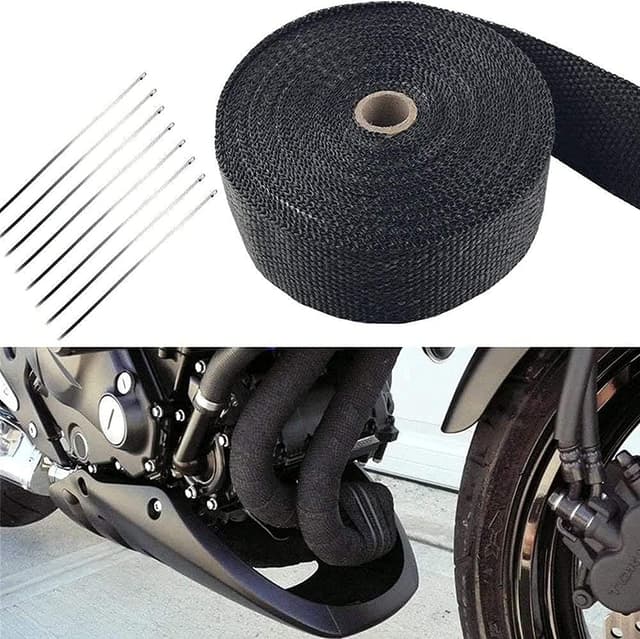 Detalle de 5M Hitzeschutzband für Auspuff (Auspuffbandage) Schwarz – mit 10 Edelstahl-Kabelbindern, für Motorrad-Fächerkrümmer
