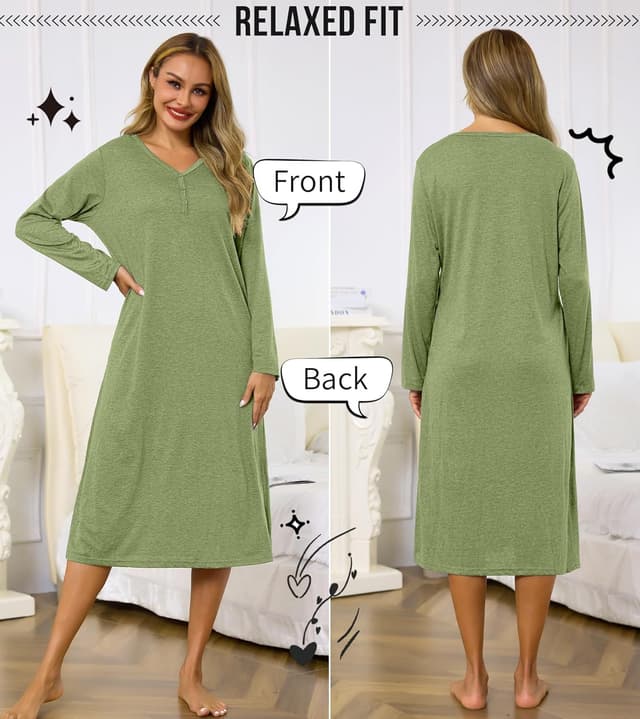 Detalle de Lovasy long-sleeve cotton nightdress with pockets – soft women’s nightshirt nightwear