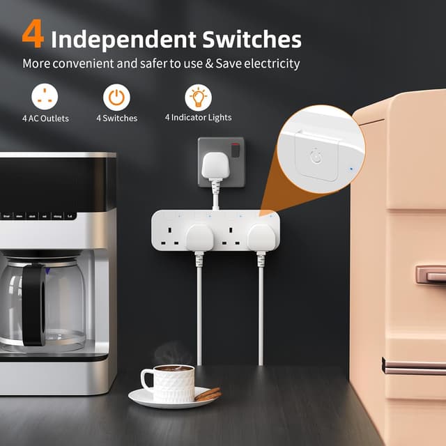 Detalle de Multi Plug Extension Socket 4 Way (Flexible Plug) with Individual Switches, UK 4-Gang Adapter – White