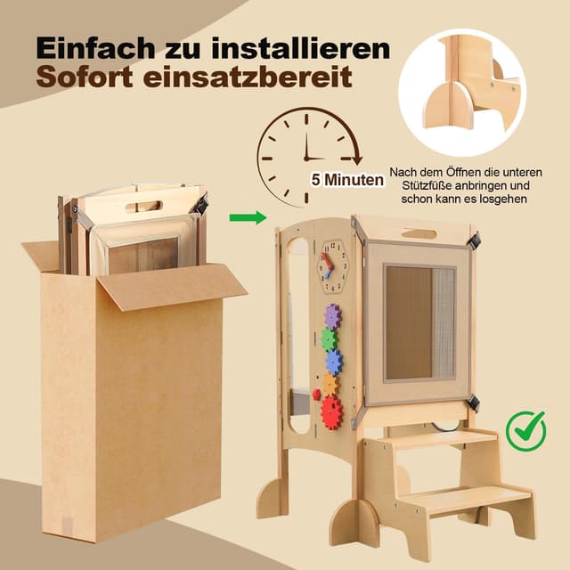 Detalle de SOFTHOM Montessori Lernturm ab 1 Jahr – klappbar, höhenverstellbar mit 360° Sicherheitsnetz und Holz-Tritthocker
