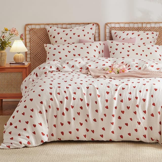 Thumbnail 6 de AShanlan Bettwäsche-Set aus Baumwolle 155x220 Rosa mit Kirschen & Herzen (mit Reißverschluss) – 1x Bettbezug + 1x Kissenbezug 80x80