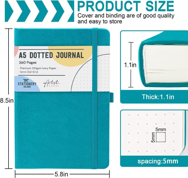 Detalle de STATIONERY ISLAND Carnet A5 pointillé 360 pages avec couverture rigide et porte-stylo