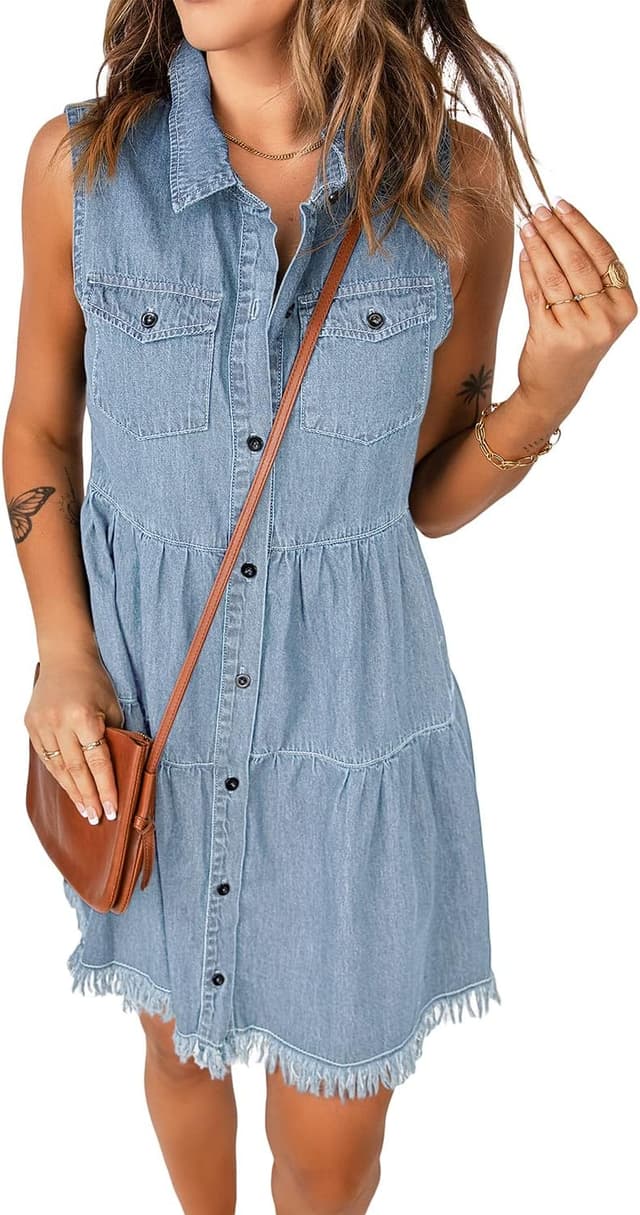 Detalle de luvamia Women’s Casual Summer Lapel Sleeveless Button-Down Short Denim Jean Dress