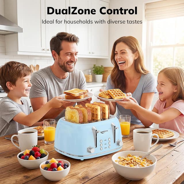 Detalle 2 de Keenstone 4-Slice Retro Stainless Steel Toaster with Dual Independent Controls (Wide Slots, Blue)