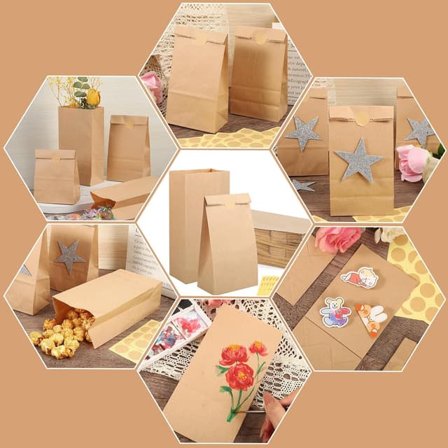 Detalle 2 de 200 kleine Papiertüten aus Kraftpapier (18 x 9 x 5,5 cm) inkl. runder Aufkleber für Hochzeit, Ramadan, Geburtstag & mehr