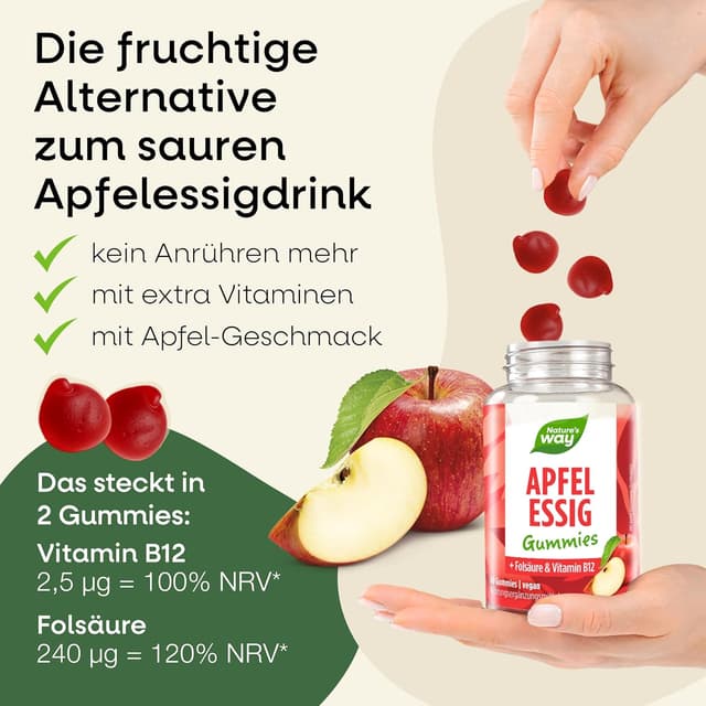 Detalle de Apfelessig Gummies mit 1.000 mg Apfelessig-Komplex, Vitamin B12 & Folsäure – vegane Gummibärchen (60 Stk)