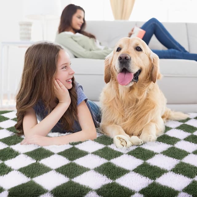 Detalle 1 de FVVRAX Checkered Shaggy Rug 200x300cm in Olive Green & White