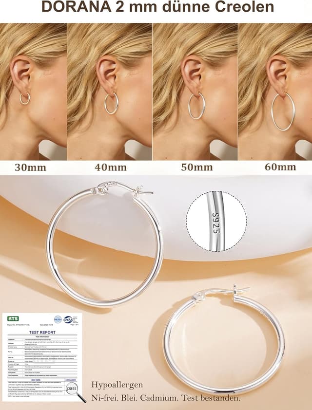 Detalle de DORANA 2-mm Creolen aus 925er Silber (Sicherer Ohrclip, hypoallergen) – große Hoop-Ohrringe in verschiedenen Größen