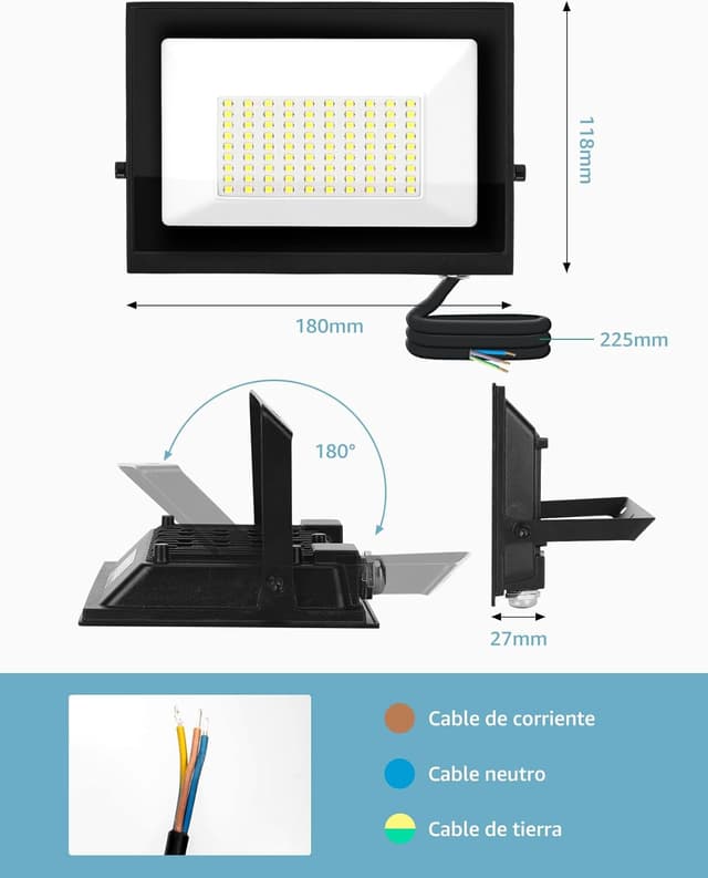 Detalle de Aigostar Faretto LED da esterno 50W 4500LM IP65 6500K bianco freddo (90 LED) con supporto regolabile fino a 180°