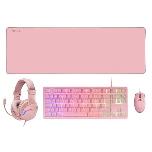 Detalle de Mars Gaming MCP-RGB3 (rosa) pack gaming multiplataforma con teclado TKL Fixed RGB, ratón Flow 3200 dpi, auriculares over-ear y alfombrilla XXL