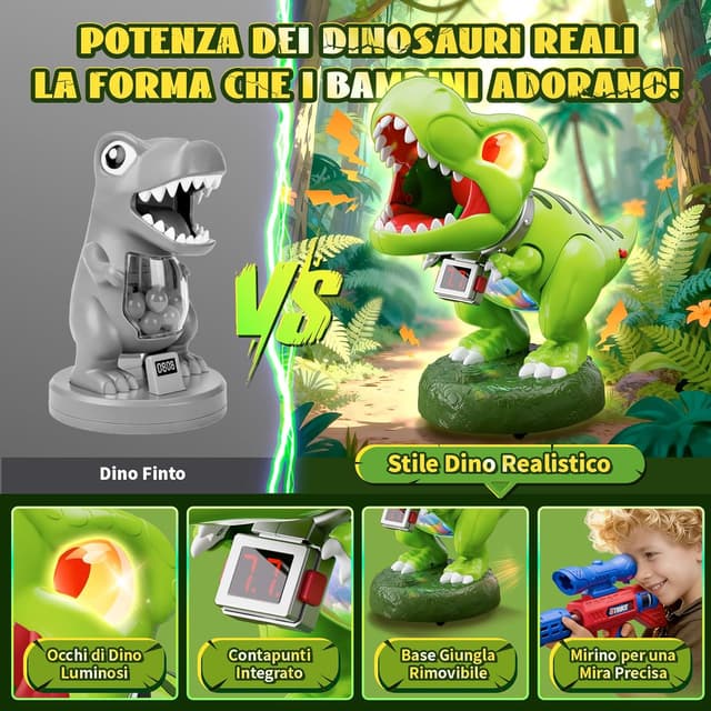 Detalle 2 de Dinosauro giocattolo di tiro con 2 pistole a pompa d’aria e luci, mirino e contatore LED (3–10 anni)