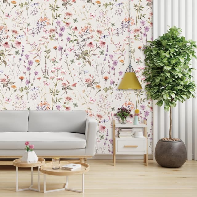 Detalle de ANHUIB Blumen Tapete selbstklebend (44 × 300 cm) – farbenfrohes Boho-Wanddesign als wasserfeste Möbelfolie