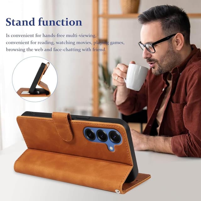 Detalle 2 de GOTOURED Handyhülle für Samsung Galaxy S25 Plus 5G – Klapphülle mit RFID-Blockierung, Kartenfächern, Riemen und Ständer (Braun)