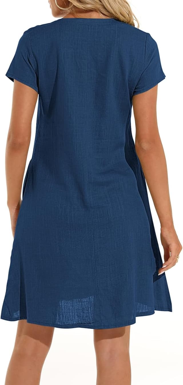 Detalle 2 de Tincini Sommerkleid Damen aus Baumwolle und Leinen – V-Ausschnitt Midikleid, Kurzarm, A-Linie