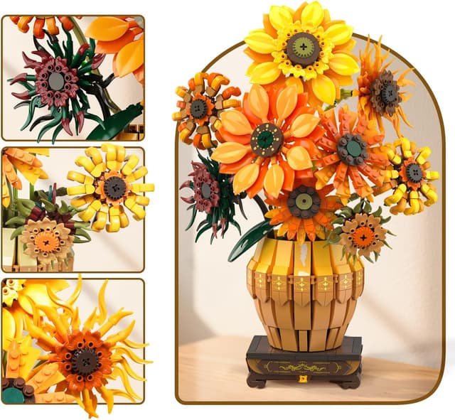 Detalle de PLAXSOON Sonnenblumen Bauspielzeugset mit Licht – 1.180-teiliger Botanical-Strauß (ab 12 Jahren)