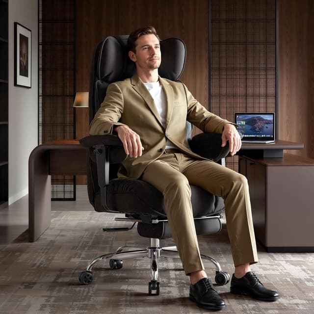 Detalle 2 de Efomao Big and Tall Office Chair (200kg) with Footrest – heavy duty executive desk chair in black