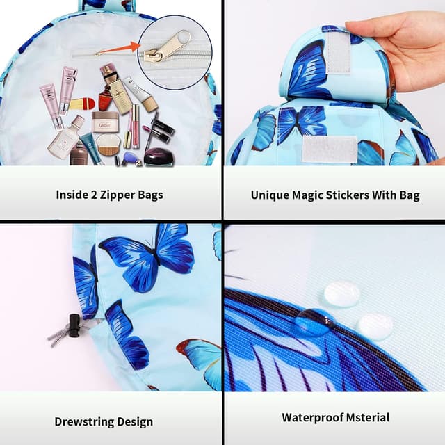 Detalle de Lazy Drawstring Makeup Bag (Butterfly) – Large waterproof travel cosmetic organiser pouch