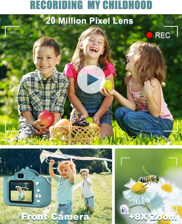 Detalle de Hangrui Kids Camera (Dark Green) – 20MP dual-lens digital camcorder with 2-inch IPS screen, 32GB card