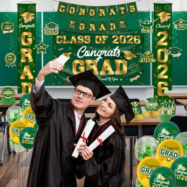 Detalle de M AMFEOV 2026 Green and Gold Graduation Party Decor Set with Congrats Grad Banner, Backdrop & Balloons