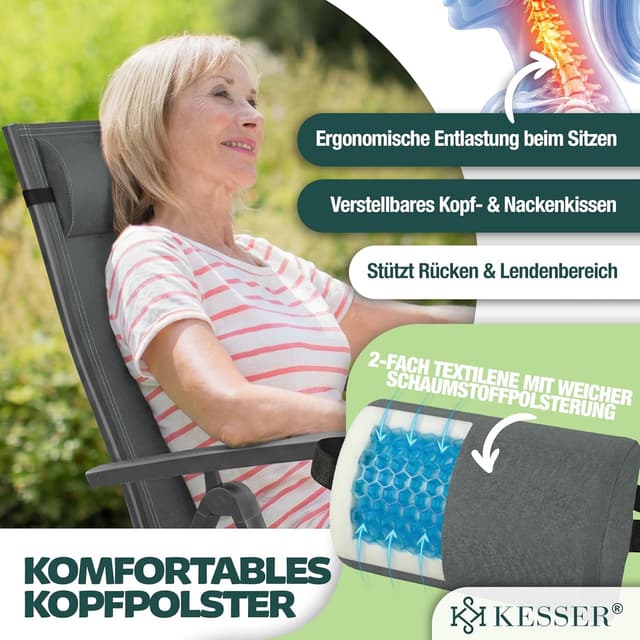 Detalle de KESSER Gartenstuhl Hochlehner mit Armlehnen – Aluminium Klappstuhl mit Kopfkissen, Abdeckung & 7-fach verstellbarer Rückenlehne
