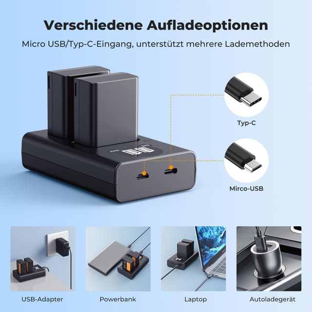 Detalle 2 de K&F CONCEPT EN-EL25 2er-Ersatzakku-Set inkl. Dual-Slot-Ladegerät mit LCD für Nikon Z30, Z50, ZFC & Z50ii