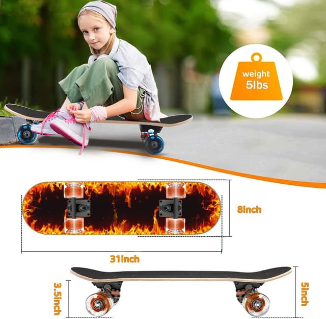 Detalle 2 de GIEEU Komplett-Skateboard mit blinkenden Rädern, 9-Lagen Ahorn-Deck (78,7 x 20,3 cm) – für Anfänger bis Geübte