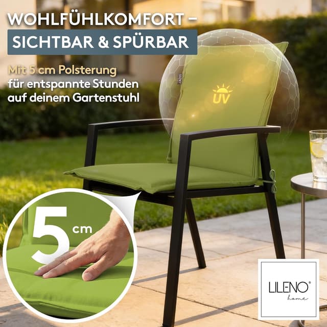 Detalle 2 de LILENO HOME Gartenstuhl Auflagen im 4er-Set (Niedriglehner) in Apfelgrün – Stuhlkissen für MIA Gartenstühle