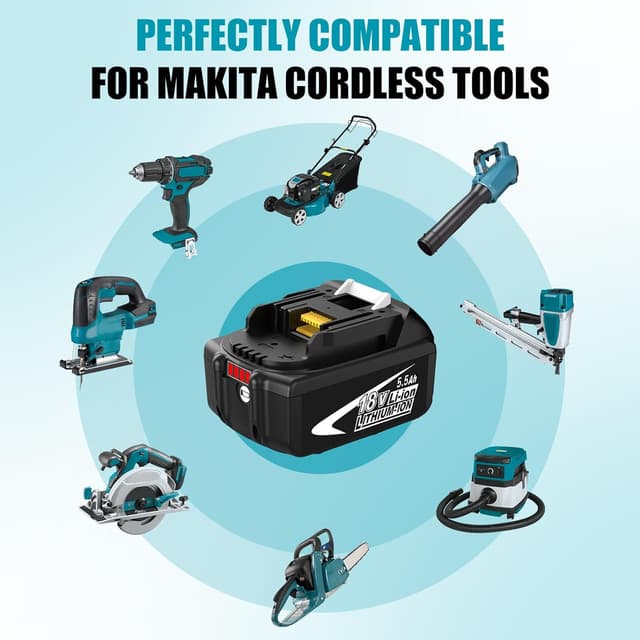 Detalle 1 de 2 batteries de rechange 18V 5,5Ah Li-ion pour outils Maki-TA (compatibles BL1850/BL1860B/BL1840/BL1830/BL1820B/BL1815) – pack de 2