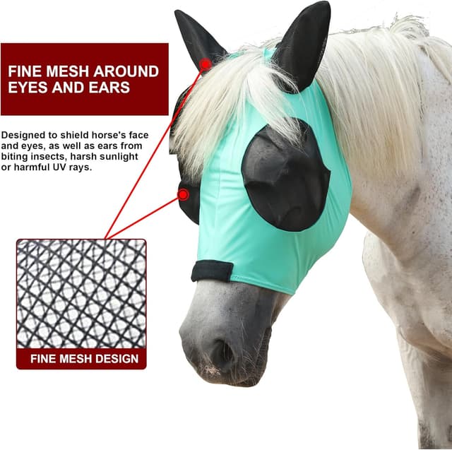 Detalle 2 de Leberna Horse Fly Mask with Ears – Smooth, Elastic & UV Protection (Green, Full)
