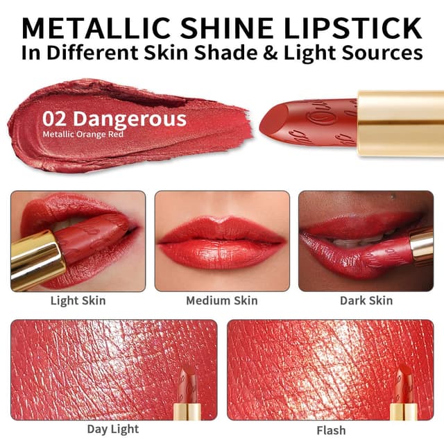 Detalle de OULAC Lippenstift Metallic Glanz Finish – Rot-Töne, hochpigmentiert, vegan (02 Dangerous) 4,3 g