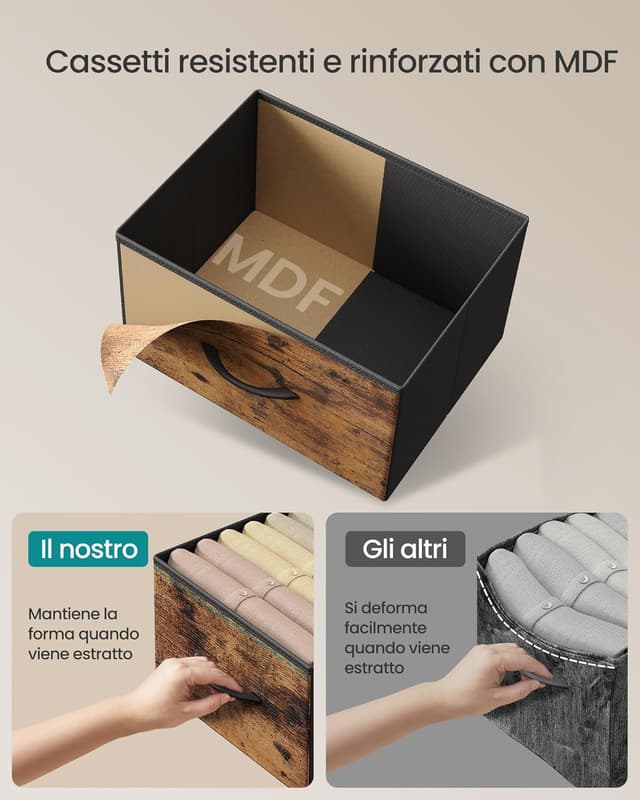 Detalle de SONGMICS BELLAH LGS313BH03 cassettiera industriale con 3 cassetti in acciaio e tessuto, marrone vintage/nero