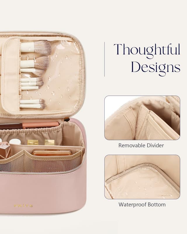 Detalle de Prite große Kosmetiktasche für Damen (24 x 16,5 x 12 cm) aus wasserdichtem Leder – Reise-Kulturbeutel in Rosa