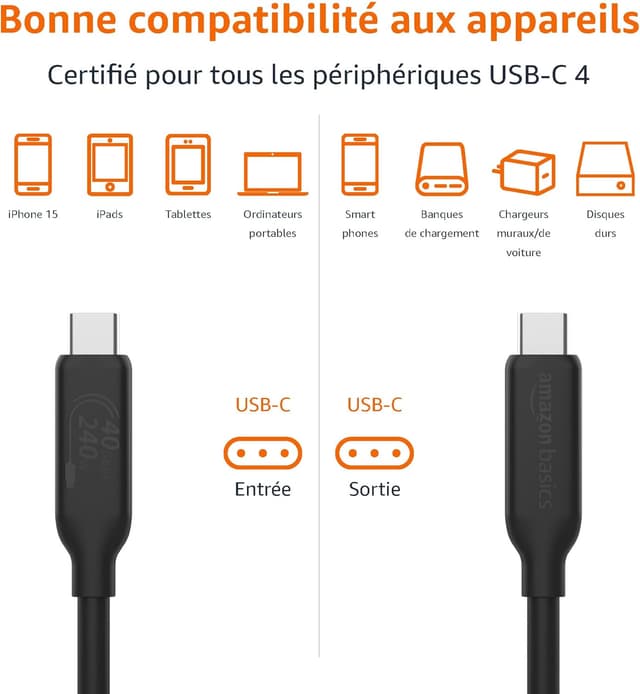 Detalle de Amazon Basics Câble USB‑C vers USB‑C 4 (Thunderbolt 4/3) 240 W, données 40 Gbit/s, vidéo 8K, 1 m noir