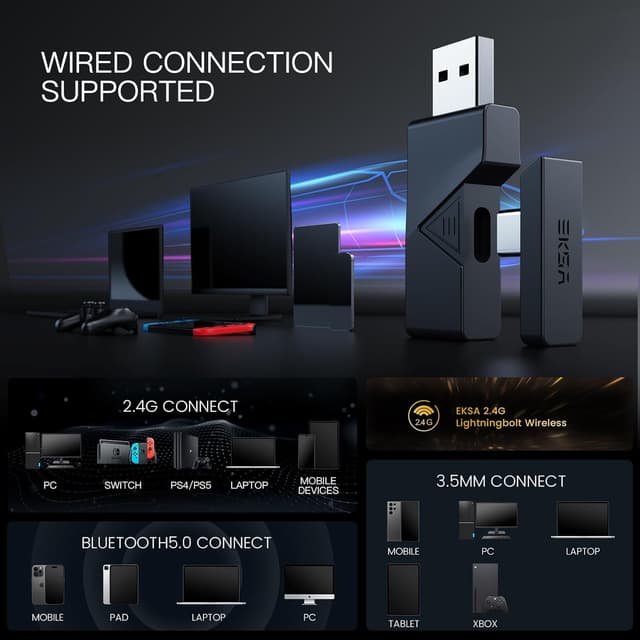 Detalle 2 de EKSA E900BT Wireless Gaming Headset for PC with 2.4GHz & Bluetooth