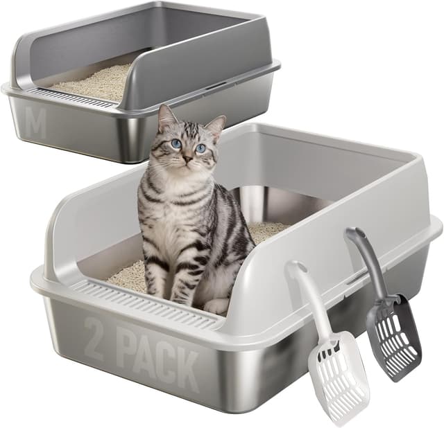 Detalle de Fusblom 2 Pack Stainless Steel Cat Litter Tray with Scoops (High-Sided, Non-Sticky) – Dark Grey & Light Grey