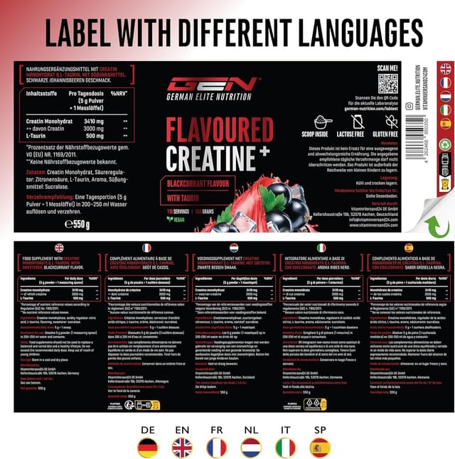 Thumbnail 6 de GEN German Elite Nutrition Flavoured Creatine Pulver (550 g) – Kreatinmonohydrat mit L-Taurin, schwarzbeeren, zuckerfrei