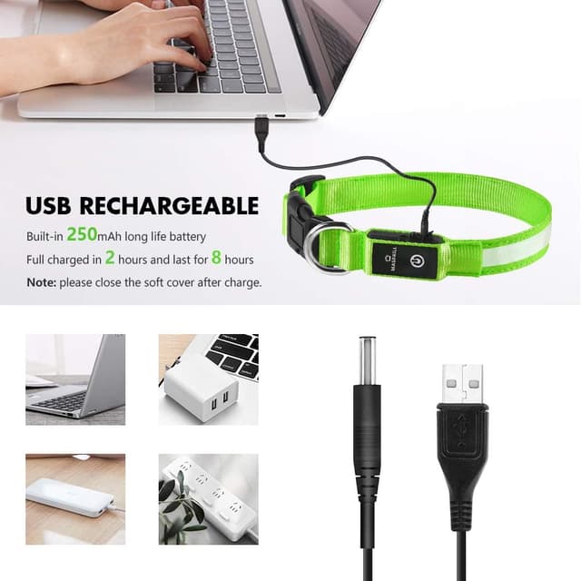 Detalle de MASBRILL Light Up Dog Collar (Green) – Rechargeable, Waterproof LED collar with 3 lighting modes