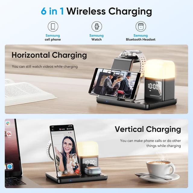 Detalle 2 de Augnner 6-in-1 Upgraded Wireless Charging Station with Alarm Clock & 3-Colour Light (up to 15W) for Samsung devices
