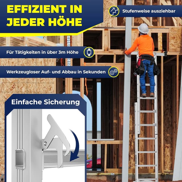 Detalle de Masko® Baugerüst Alugerüst „4in1“ mit Anlegeleiter, Bockleiter und Arbeitsbühne – bis 150 kg belastbar