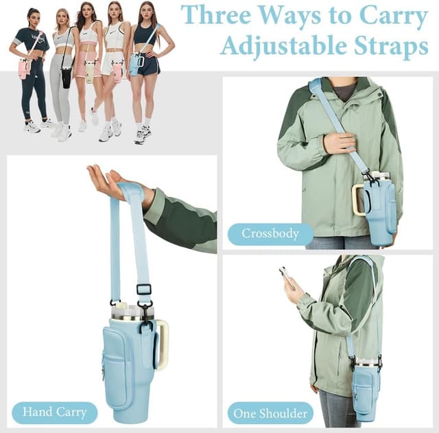 Detalle 2 de AYESY Water Bottle Carrier Bag for Stanley Quencher 40 oz (Blue) with Adjustable Strap & Phone Pocket