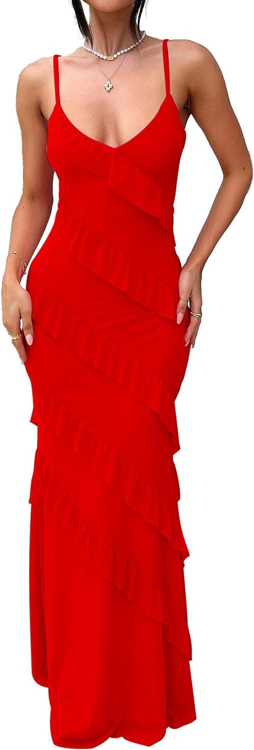 Thumbnail 6 de HOCILLE Women’s V-Neck Backless Bodycon Maxi Dress with Ruffle Tassel Accents