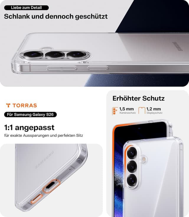 Detalle 2 de TORRAS Guardian Hülle für Samsung Galaxy S26 – 360° Airbags, stoßfest & transparent