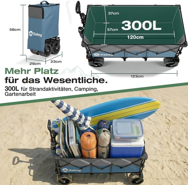 Detalle 2 de Sekey XXXL faltbarer Bollerwagen mit 300 l und 200 kg Tragkraft – verlängertes Modell, All-Terrain-Räder, blau/grau