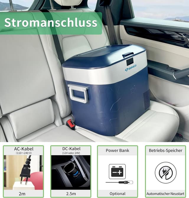 Detalle 2 de BINGI Kompressor-Kühlbox 22 l – tragbarer Auto-Kühlschrank 12/24V DC & 230V AC (15℃ bis -18℃)