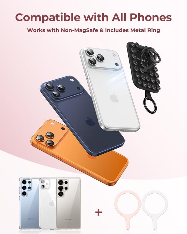 Detalle de Syncwire Magnetic Suction Phone Mount for MagSafe (Midnight Black) with Silicone Octo Cup Grip Ring