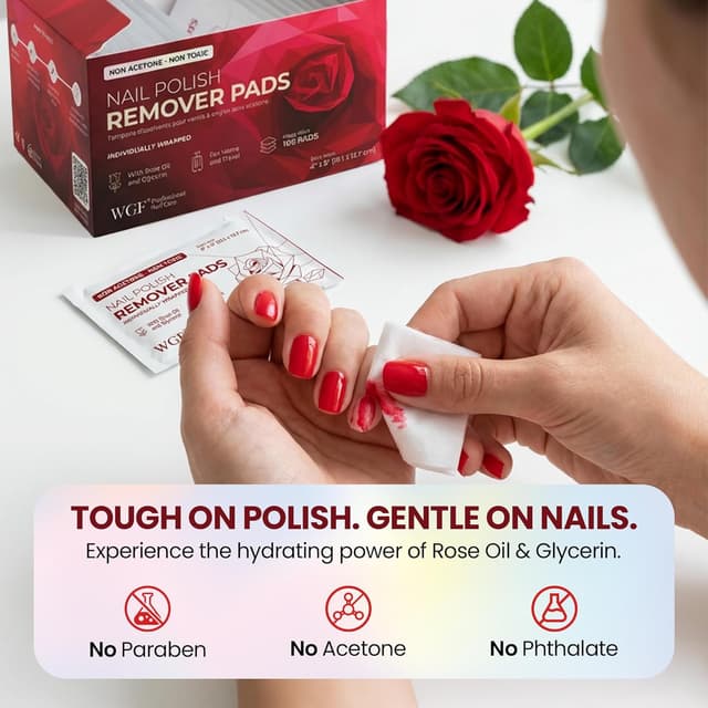 Detalle 2 de Nail Polish Remover Pads (Non-Acetone, Rose Oil) 100-Pack Bulk Set, Individually Wrapped Wipes