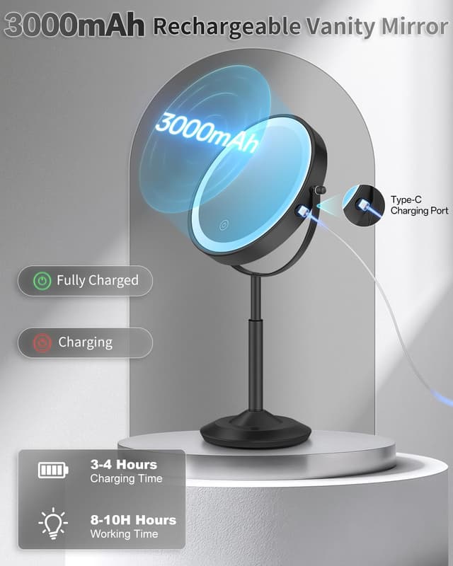 Detalle de VFD 30X/1X Lighted Makeup Mirror with Height Adjustment and Rechargeable Battery