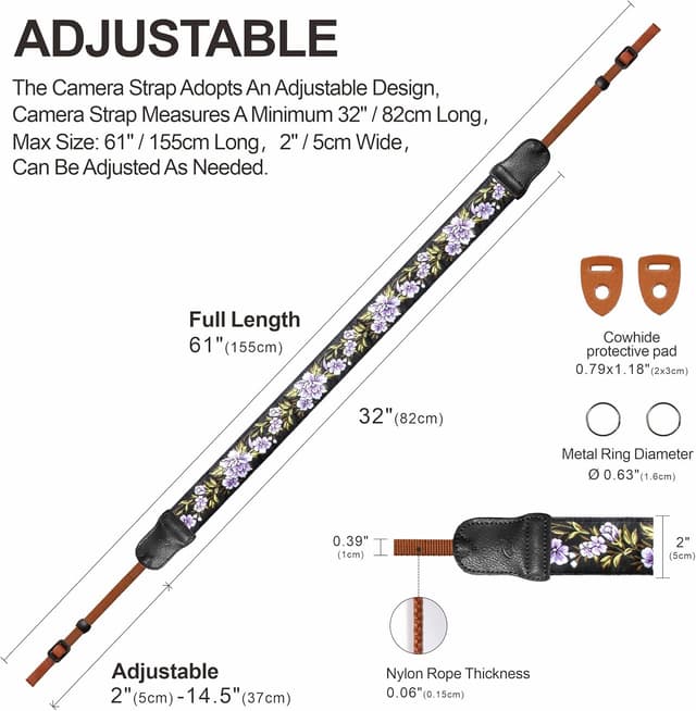 Detalle 1 de Cowhide camera strap 2 inch wide purple flower