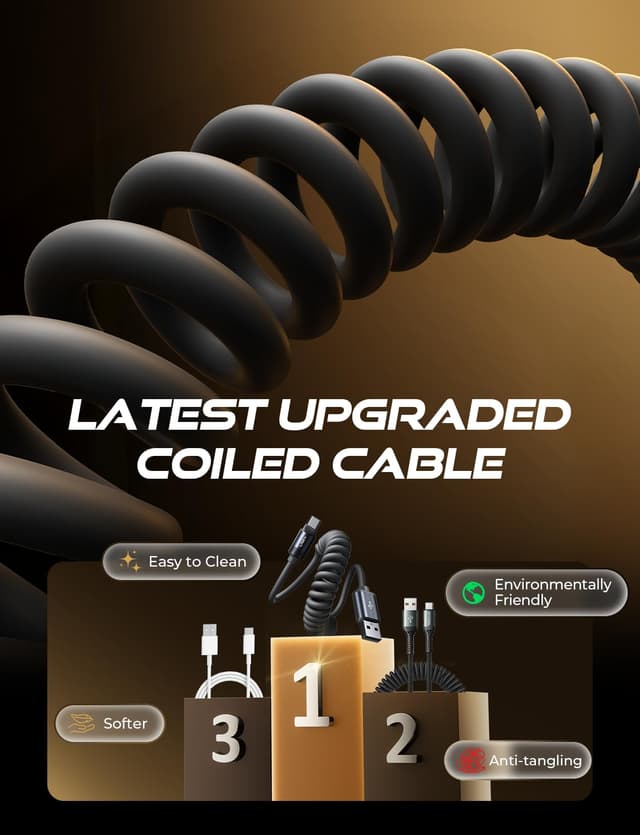 Detalle 2 de LISEN Coiled USB-C Cable 2-Pack (USB A to USB C) for Android Auto & CarPlay — 4+6FT, Space Black