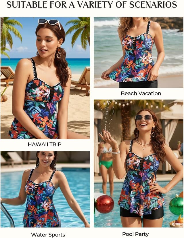 Detalle de Kate Kasin Tankini Two-Piece Tummy Control Swimsuit (Floral Flow Top & Short Bottom)